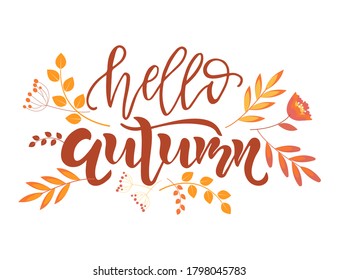 Hola texto de otoño. Caligrafía, diseño de letras. Tipografía para tarjetas de felicitación, carteles y pancartas