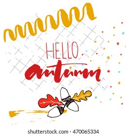 Hello autumn text handwriting on the squared notebook paper. Vector sketch acorns illustration and hand marks