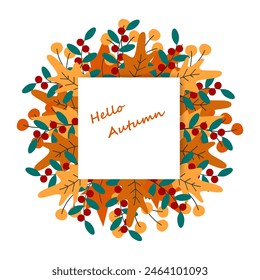 Hello Autumn Text Inside Frame of Fall Leaves on sticker note page Copy space Greetings design idea