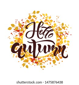 Hello Autumn text with leaf frame on background. Calligraphy, lettering design. Typography for greeting cards, posters, banners. Isolated vector illustration