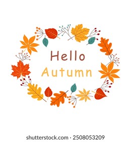 hello autumn text with autumn leaves. Vector illustration.