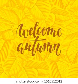 Hello autumn text on yellow background with fall leaves Hand drawn calligraphy, brush pen lettering. design for holiday greeting card and invitation of autumn holiday, shopping promo leaflet