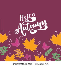 Hello Autumn text poster of September leaf fall or autumnal foliage of maple, for shopping sale design or promo poster
