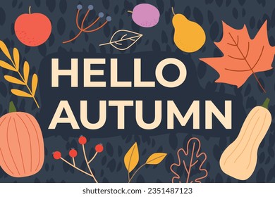 hello autumn text and pumpkin, leaves, apple, pear, plum and others autumn related icons- vector illustration