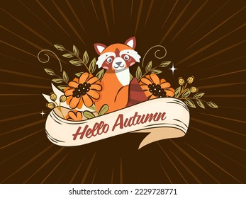 Hello Autumn Text Ribbon With Cartoon Raccoon, Flowers And Leaves On Brown Rays Background.