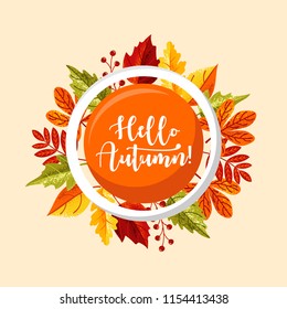 Hello Autumn text in round leaves with different colors in grain shadow style for autumn season can use for banner, poster, banner, and promotional