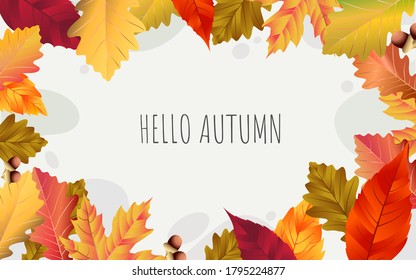 Hello Autumn text for September banner. Different colored autumn leaves. Design for greeting card, sale or advertising poster. Vector illustration