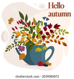Hello, Autumn.  Text and set of autumn elements: watering can with autumn bouquet of leaves and flowers, falling colorful leaves, berries, apples, plums.  Good for poster, banner, greeting card, templ