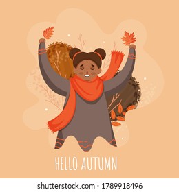 Hello Autumn Text with Smiley Cute Girl in Jumping Pose on Abstract Peach Background.