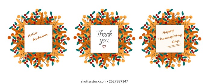 Hello Autumn Thank you and Happy Thanksgiving Day Lettering on Note pages Autumn leaves Wreath Set