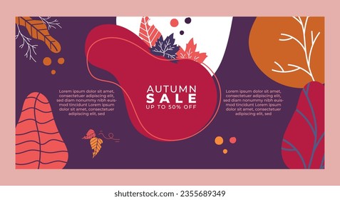 Hello Autumn themed banner template with vibrant colors and space for text landing page website seasonal fall purple pink red white yellow orange navy