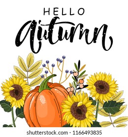 Hello Autumn time, isolated, label, pattern design words. Vector illustration of Cup and autumn elements.