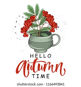 Hello Autumn time, isolated, label, pattern design words. Vector illustration of Cup and autumn elements.