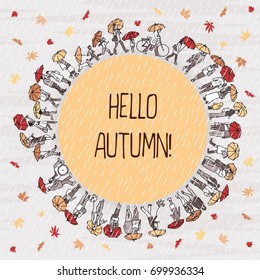 Hello Autumn! Tiny people holding their umbrellas in the rain, around a yellow circle with space for text