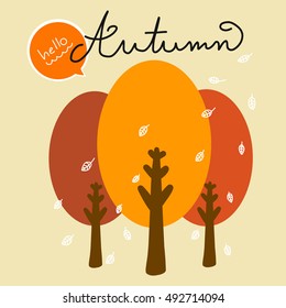 Hello autumn tree and falling leaf cartoon illustration