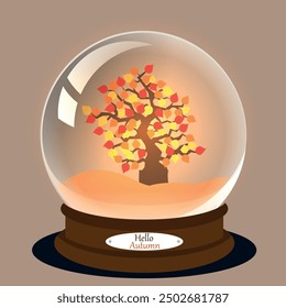 Hello autumn. Autumn tree inside a snow globe with colorful falling leaves. Seasonal decoration. Autumn background, cover, sale banner, card, greeting cards, sticker, flyer design.