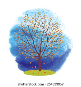 Hello autumn. Autumn tree on a blue watercolor background. Vector illustration.