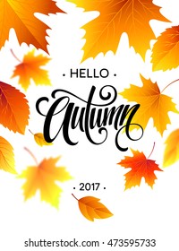 Hello, Autumn. Trendy calligraphy. Background of Fall leaves. Concept leaflet, flyer, poster advertising. Vector illustration EPS10