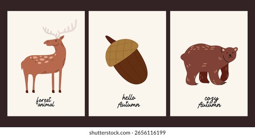 Hola Otoño. Colección de carteles de moda de la temporada de otoño de doodle. Personajes de animales salvajes de dibujos animados. Ilustración vectorial acogedora del bosque para la tarjeta de felicitación, publicidad, Anuncio, redes sociales, volante, cubierta
