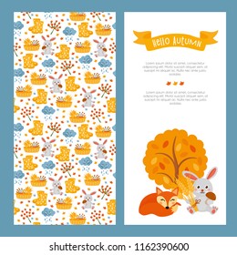 Hello Autumn! Two autumn card template. Beautiful childish illustration. Happy Thanksgiving! Fall greeting card. 