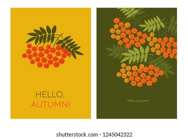 Hello autumn typography color illustrations with rowanberry. Rowan branches, twigs with red berries isolated vintage cliparts. Brochure, catalog cover page, banner, poster vector design templates