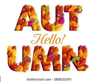 Hello Autumn typography design made with leaves and floral elements. Vector paper cut style illustration. Can be used for business advertising, banners, posters. Fall maple leafs and foliage