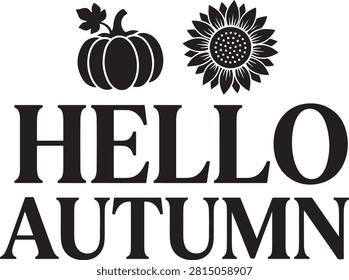 Hello autumn typography featuring a single pumpkin and a large sunflower isolated on a white background, for fall decor