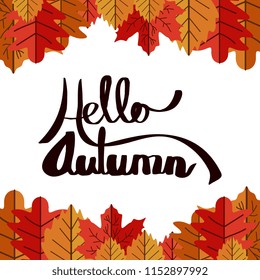 Hello autumn typography hand drawn style with leaves pattern multicolor on white background. Vector illustration eps 10.