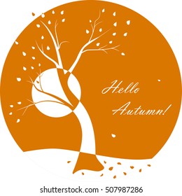 Hello Autumn! Vector abstract illustration of decorative sakura tree with falling leaves against sun. Oriental round orange poster. Asia concept. Eps 8.