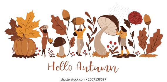 Hello Autumn Vector. Autumn Aesthetics. Autumn and People. Women, Maple Leaves, Oak Leaves, Acorns, Pumpkin, Mushrooms, Berries, Fall Flower, Plants. Illustration in Yellow, Orange, Brown on White