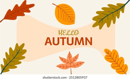Hello Autumn vector background with colorful leaves. Fall background. 