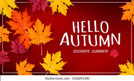 Hello autumn vector background design with autumn typography and maple leaves in textured background for fall season greetings design. Vector illustration.