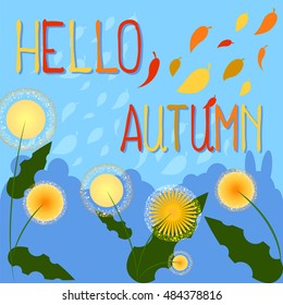 Hello autumn vector background with place for text. Yellow flower Rudbeckia. Falling leaves in yellow, red, orange, brown colors. Fall seasonal illustration with floral decor. Mid-autumn festival