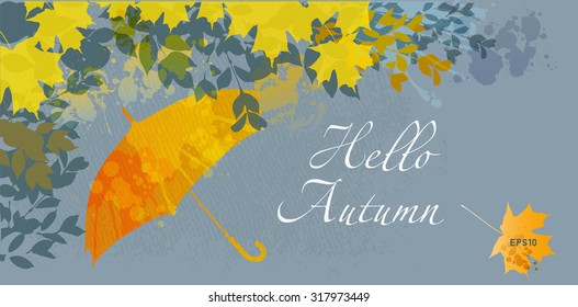 Hello Autumn. Autumn vector background with umbrella