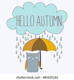 Hello Autumn. Autumn vector background with umbrella and owl