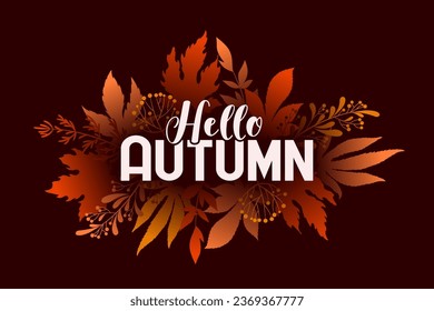 Hello autumn vector banner with colorful autumn leaves isolated on brown background. Design for card, poster, website, advertising, promotion, flyer, invitation