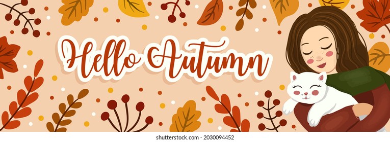 Hello autumn vector banner. Cute  girl hugs white kitten, cozy autumn concept