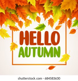 Hello autumn vector banner design. Text greetings for fall season with collections of yellow and orange maple leaves falling in white background. Vector illustration.
