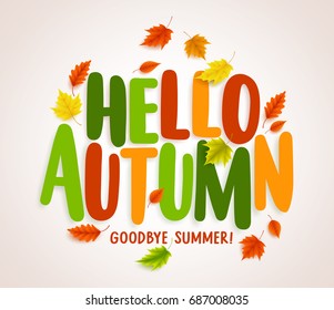 Hello autumn vector banner design with colorful maple leaves elements and text greetings for fall season. Vector illustration.
