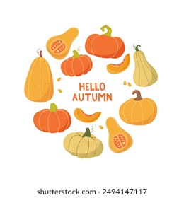 Hallo Herbst. Vektorgrafik Banner mit Kürbissen. Vektorillustration