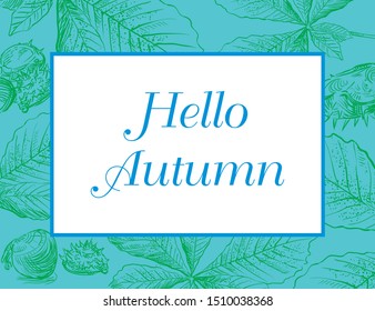 Hello Autumn, vector banner template with hand drawing chestnut. Card can be used for invitation, special offer, poster. Vector frame of different autumn foliage.  Vector Illustration