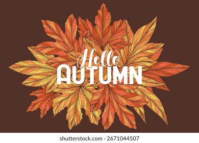 Hola Plantilla de Anuncio de Vector de otoño con hojas de arce dibujadas a mano coloridas aisladas sobre fondo marrón. Ilustración vectorial de la hoja de otoño. Diseño estacional para el cartel del Sitio web de la tarjeta del volante de la publicidad