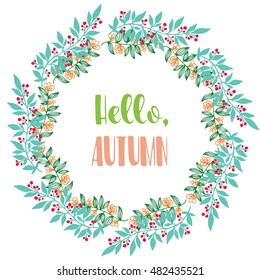 Hello, Autumn. Vector Brush lettering. Vector card design with custom calligraphy. Autumn season cards, greetings for social media.