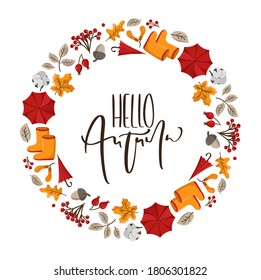Hello Autumn Vector Calligraphy lettering text. Round background frame wreath with yellow leaves, pumpkin, mushrooms and autumn symbols.