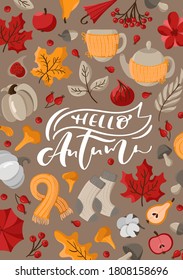 Hello autumn vector calligraphy lettering text. Cute autumn greeting card with leaves, acorn, berries, teapot, mug and other fall elements. Concept of Thanksgiving Day.