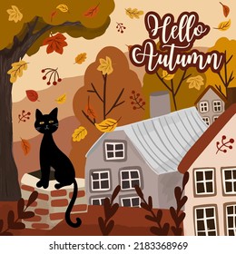 Hello Autumn vector card with cute cat and falling leaves. 