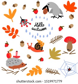Hello autumn vector card with hand drawn text, leaves, mushrooms, snail, 
hedgehog, crow isolated on the white background. Wild animals are preparing food for the winter.
