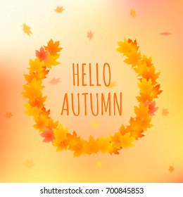 Hello autumn vector card. Vector illustration of background with leaves around greeting text.