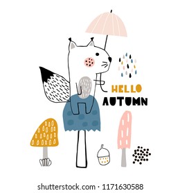 Hello autumn vector cartoon illustration with hand drawn squarell