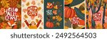 Hello, autumn. Vector cute illustration of nature, frame, pattern, forest, leaves, leaf, pumpkin, acorn, girl, fox, maple leaf for background, greeting card, invitation, poster or background